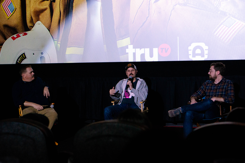 Kevin Heffernan, Steve Lemme, and moderator John Wenzel at the Littleton Alamo Drafthouse